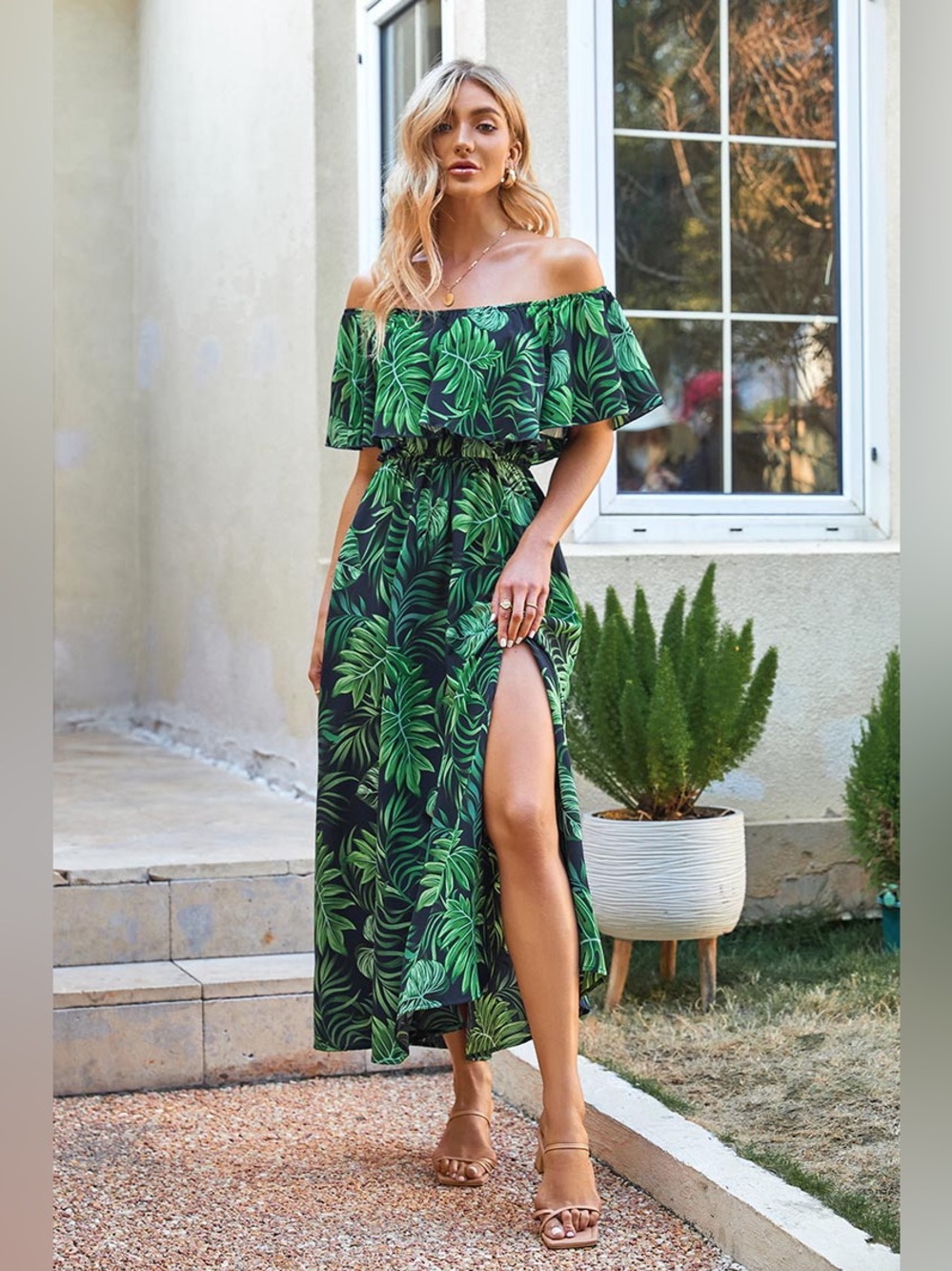 Cupshe Margot Tropical Palm Green Maxi Dress Resortwear Vacation Flirty Coquette - Picture 2 of 12